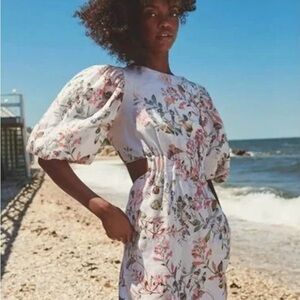 Cara Cara White Floral Puff-Sleeve Cutout Midi Dress